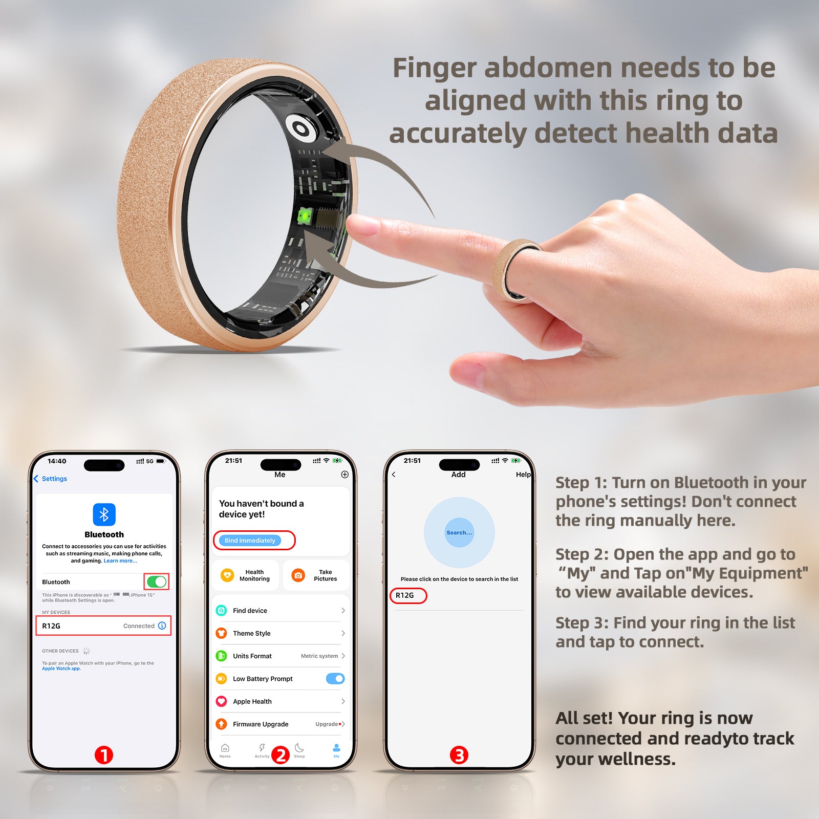 Gold Matte Glitter Couple Smart Ring – Love Signal & Health Tracking Ring
