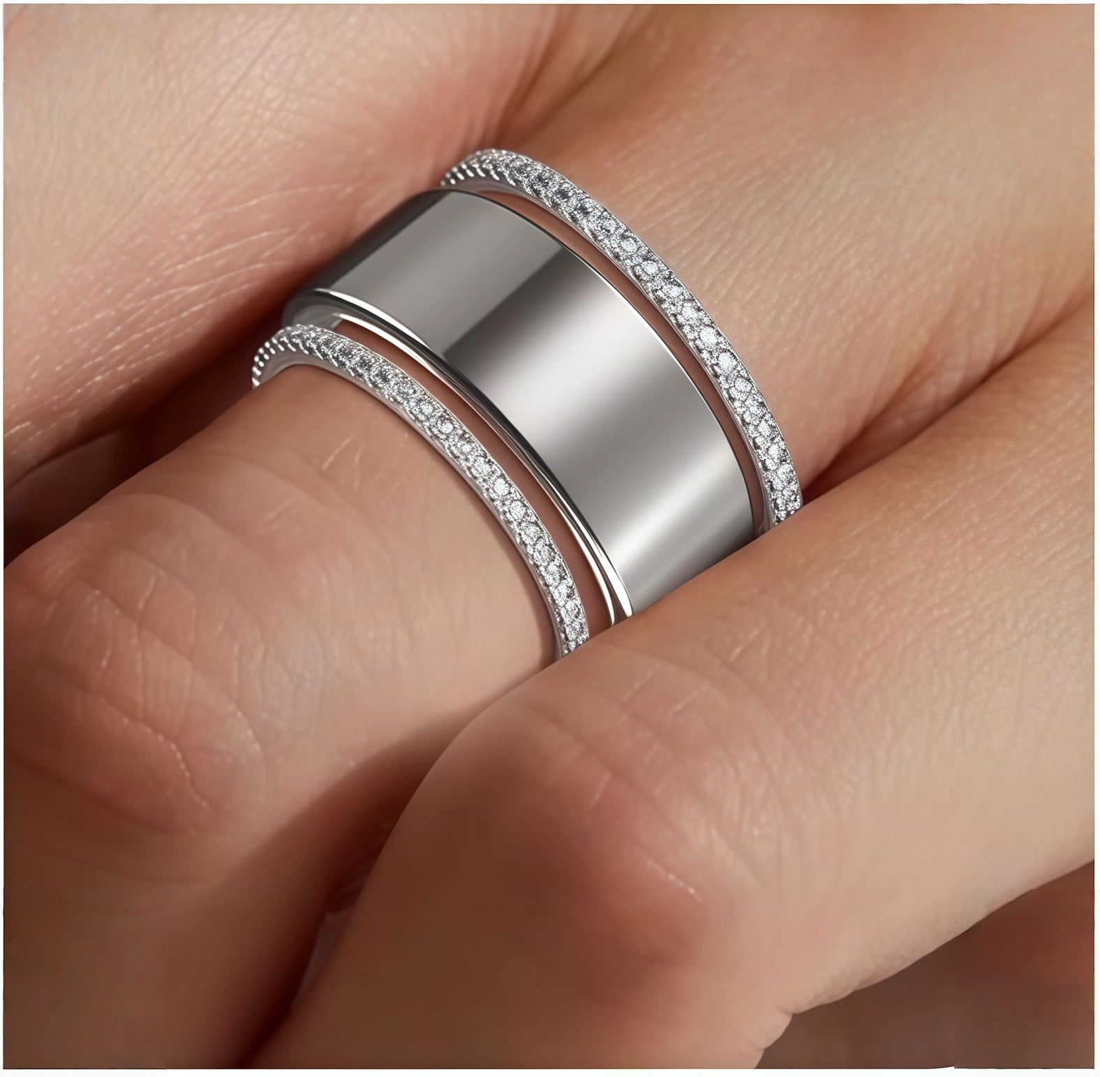 Monochrome Stainless Steel Ring — Comes with Two Diamond Stacking Rings（Engravable）