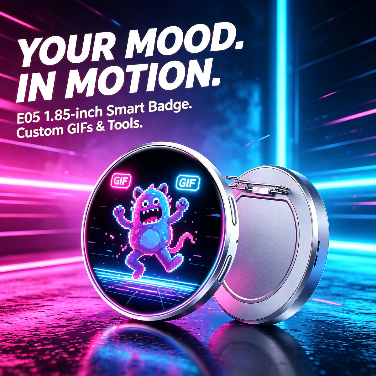 Smart Badge - 1.85" Full Touch Screen Custom GIF Digital Pin with Bluetooth 6.0, App Control & 8 Built-in Tools